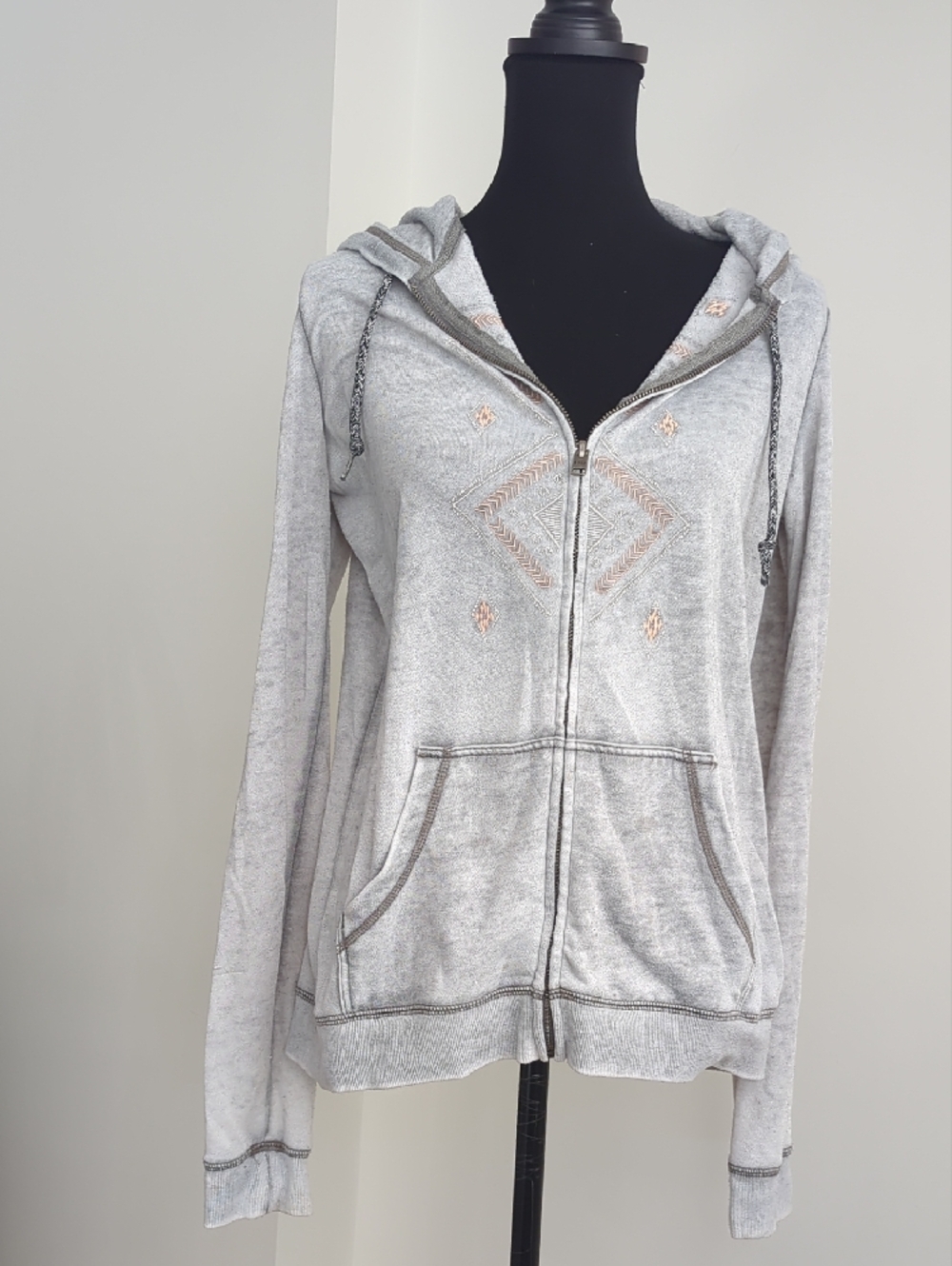 Roxy Light Gray and Pink Embroideres Hooded Zip Sweater - Picture 3 of 8